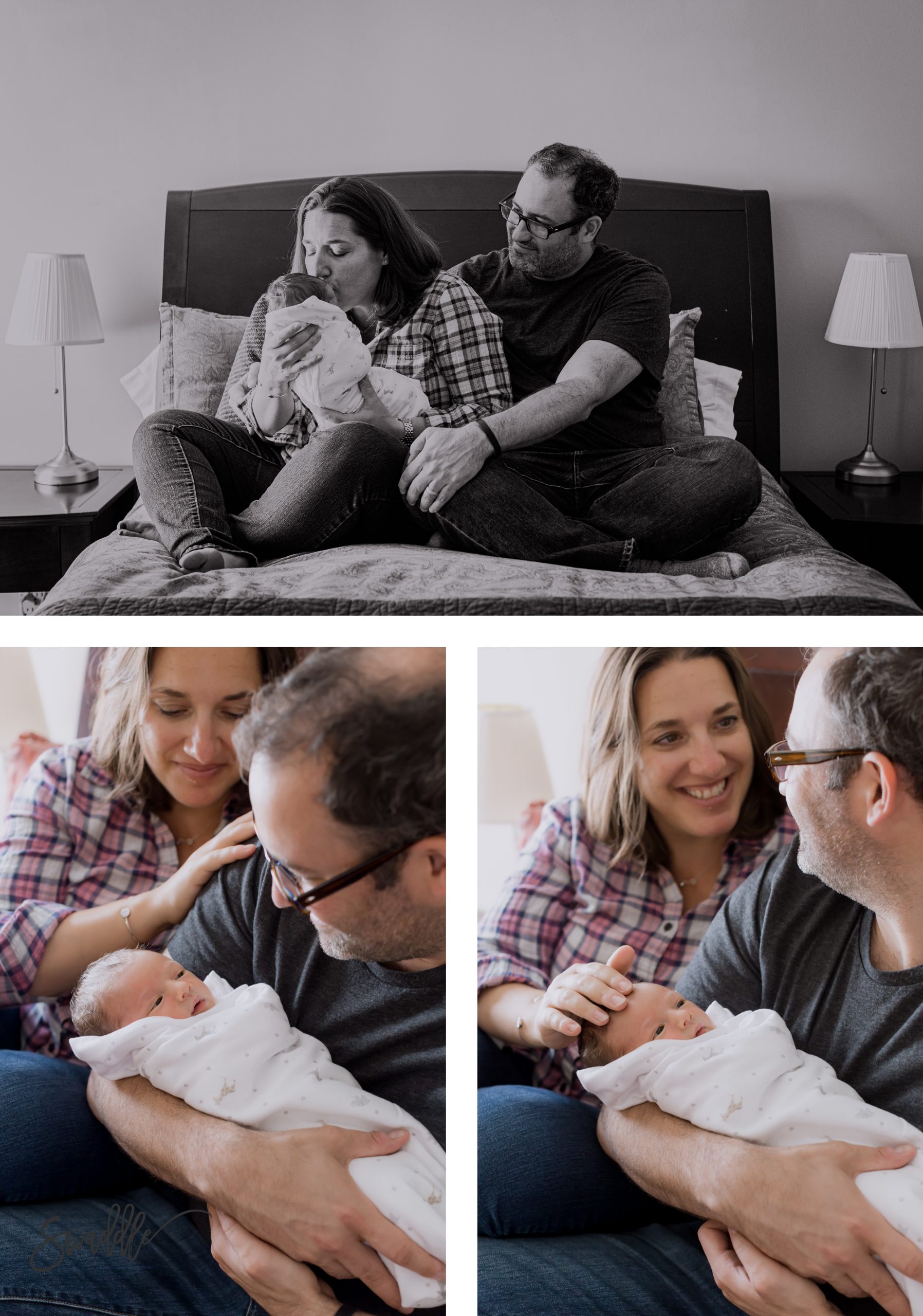 new parents snuggling their newborn baby on the family bed