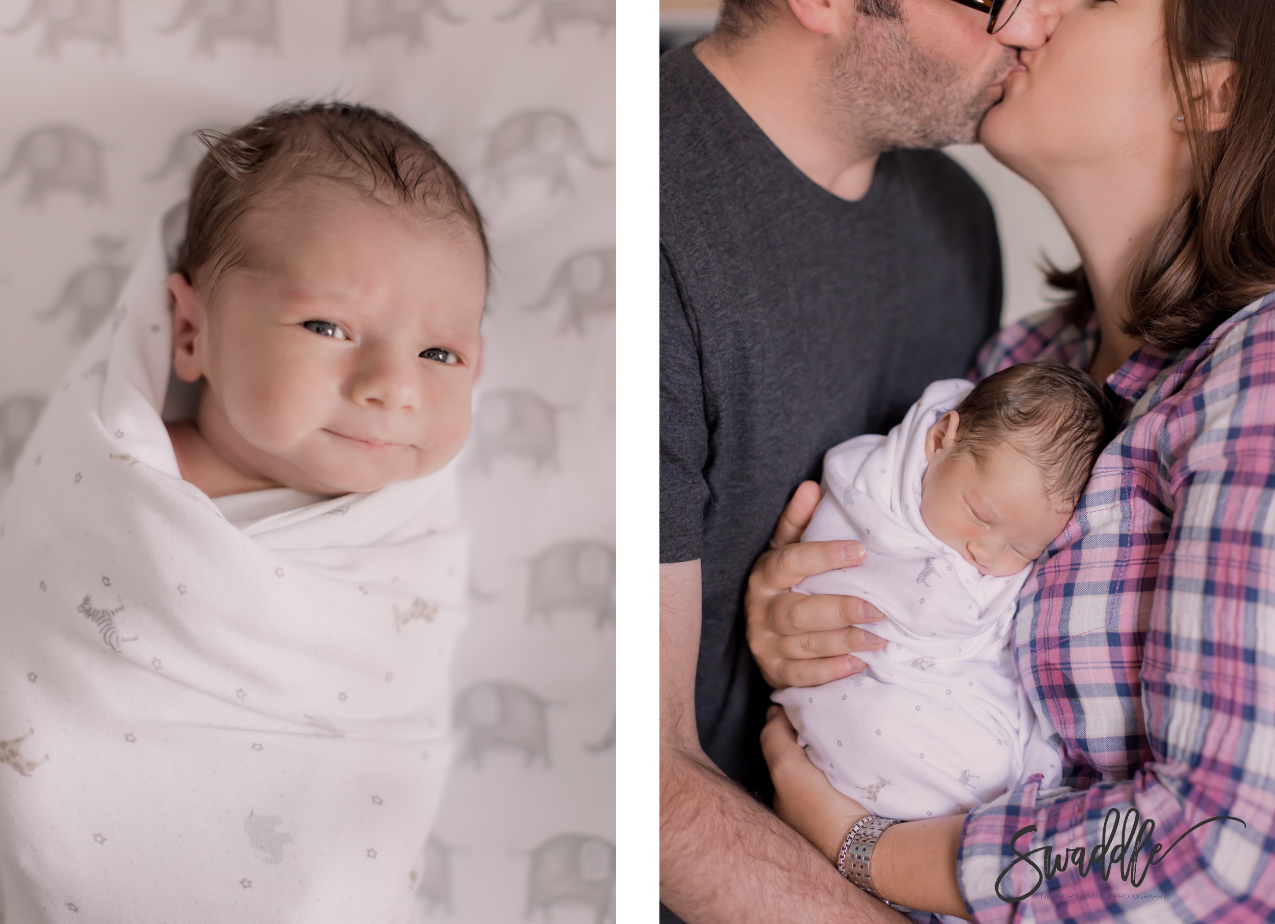 newborn baby looking into the camera, next to his parents kissing