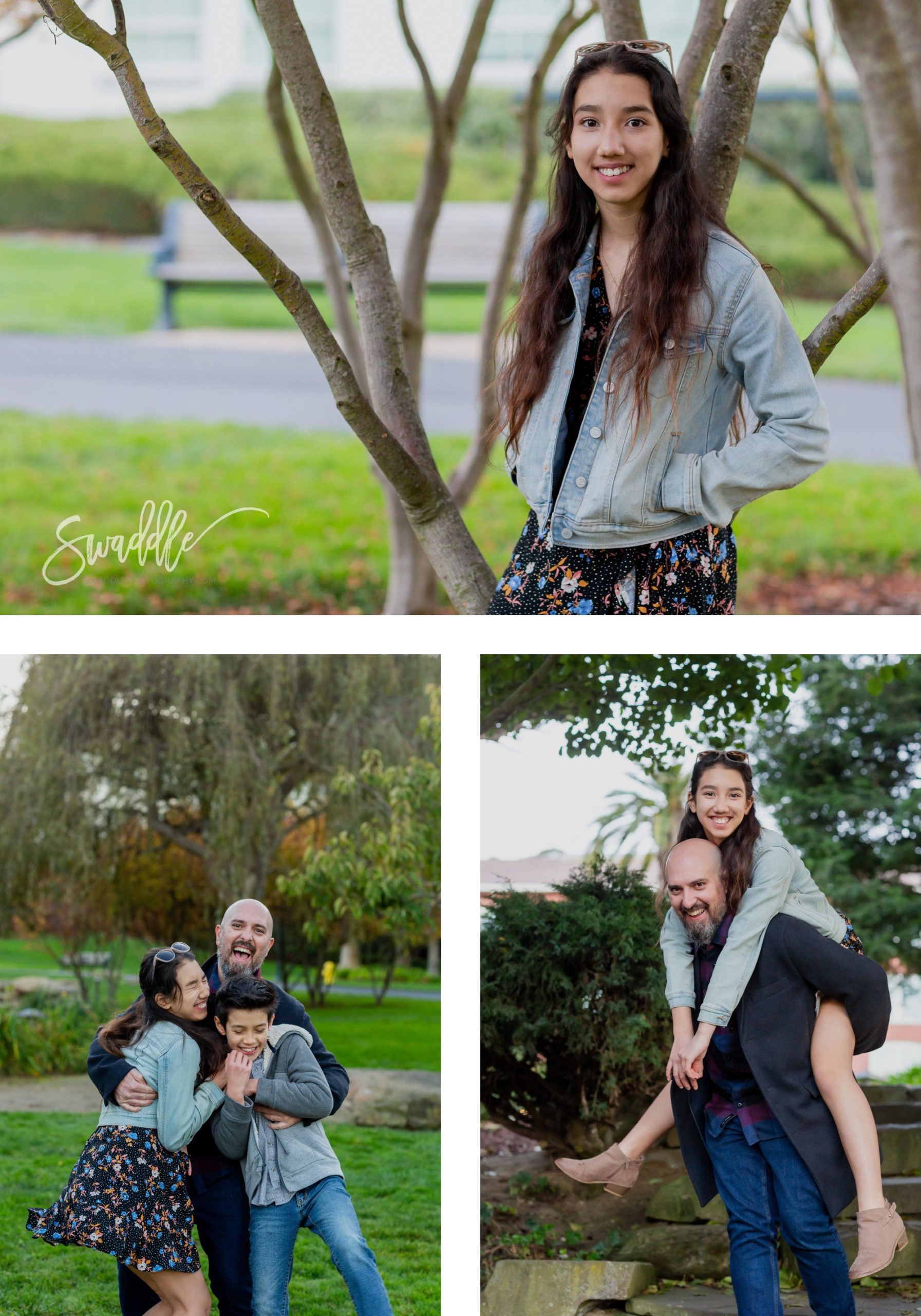 three photos in the San Francisco Presidio - first a teen girl wearing a blue jean jacket leaning on a tree, second a dad surprise tickling his older kids, third a teen girl piggyback on her dad