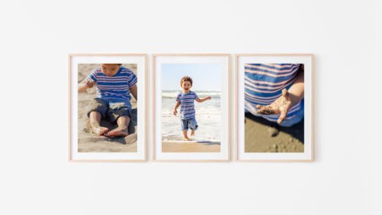 photography as wall art - triptych of small boy playing on the beach