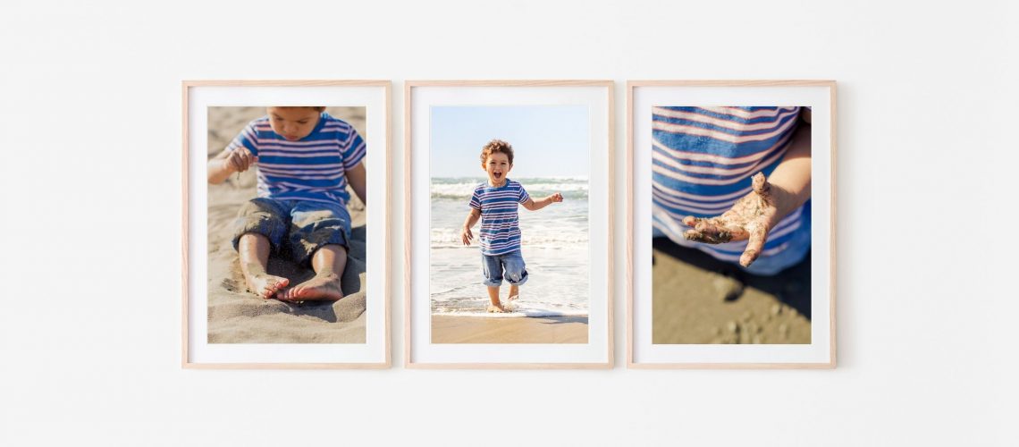 photography as wall art - triptych of small boy playing on the beach